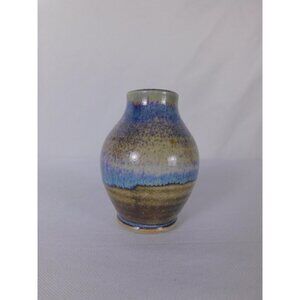 Handmade Studio Stoneware Art Pottery Vase Blue Drip Glaze Mini Bud Home Decor